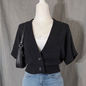 Black Cropped V-Neck Button Cardigan